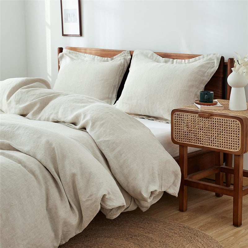 Simple&Opulence 100% Linen Duvet Cover Set 3pcs Basic Style Natural French Washed Flax Solid Color Soft Breathable Farmhouse Bedding with Button Closure - Linen, Full - Image 1